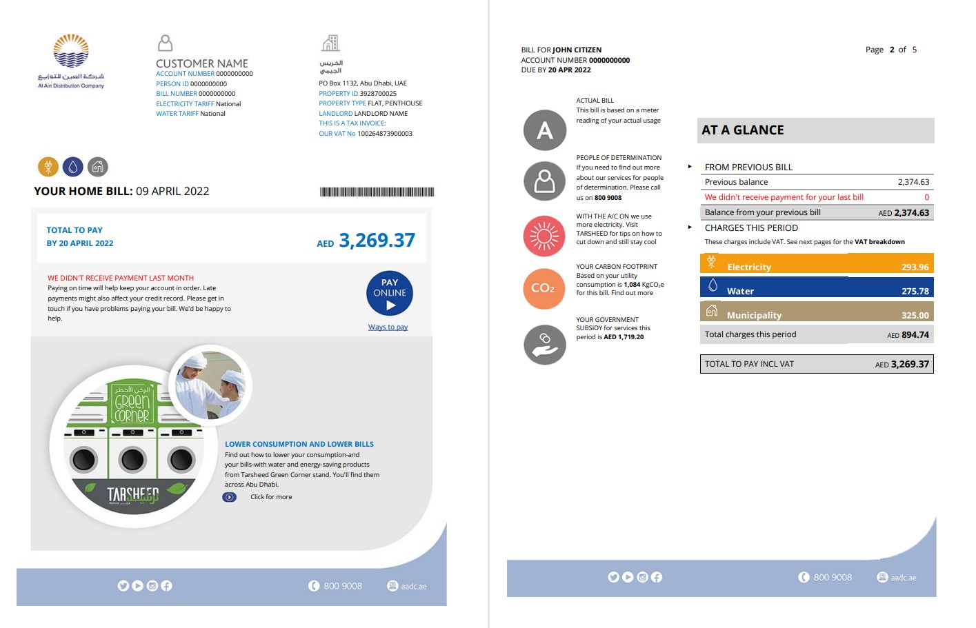 UAE Abu Dhabi Al Ain Distribution Co. Word and PDF utility bill template (5 pages) 1 2